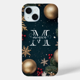 Coque Pour iPhone 15 Monogramme de Noël élégant bleu foncé