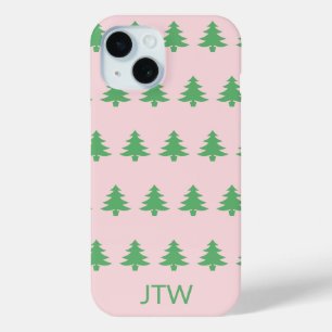 Coque Pour iPhone 15 Monogramme de Noël rose pâle et arbres verts