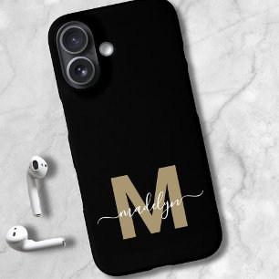 Coques iPhone 16 Monogramme de nom de script fémenin moderne Or noi