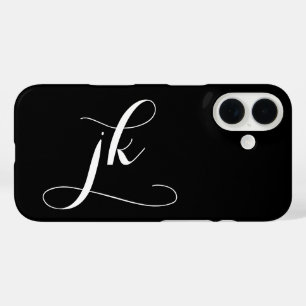 Coques iPhone 16 Monogramme de nom de script noir et blanc moderne