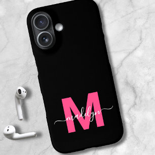 Coques iPhone 16 Monogramme de nom élégant écriture noir rose