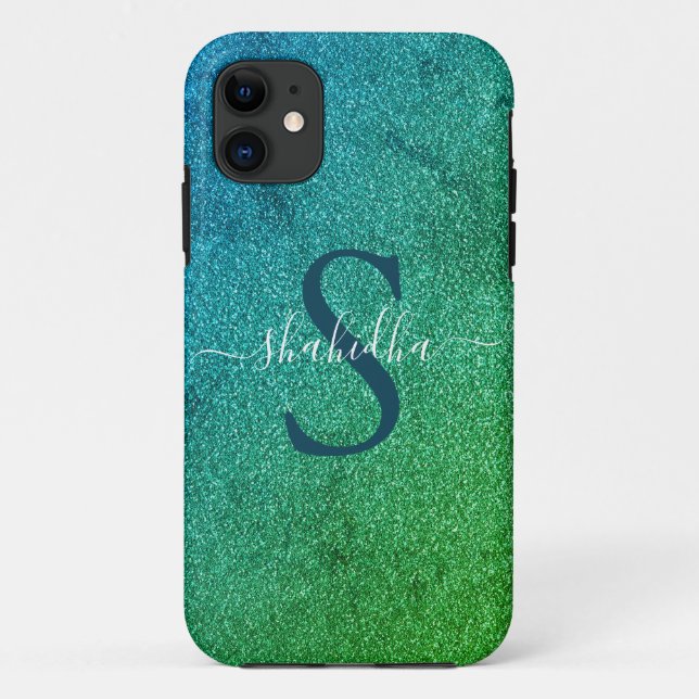 Coques Case-Mate iPhone monogramme de parties scintillant bleu et vert gla (Dos)