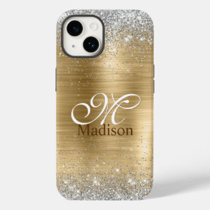 Coque Pour iPhone 14 Monogramme de parties scintillant en or brossé mou