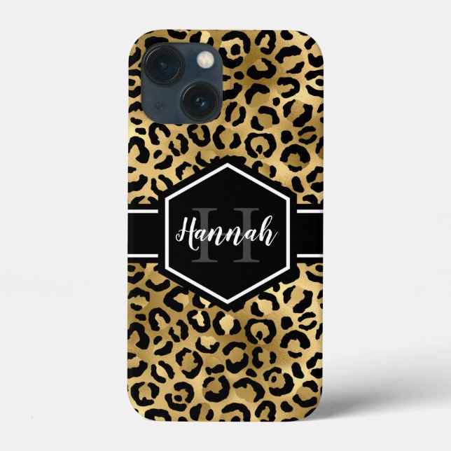 Coques Case-Mate iPhone Monogramme de points de léopard noir or (Verso)