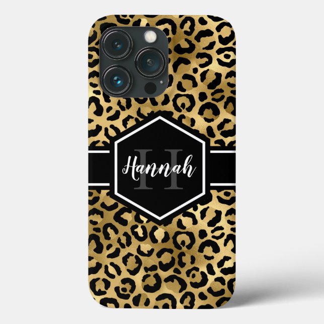 Coques Case-Mate iPhone Monogramme de points de léopard noir or (Verso)