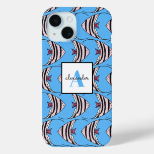 Coque Pour iPhone 15 Monogramme de poisson bleu
