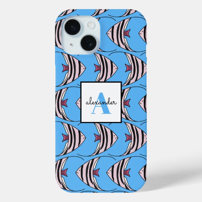 Coques Case-Mate iPhone Monogramme de poisson bleu (Verso)