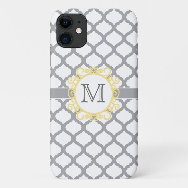 Coques Case-Mate iPhone Monogramme de quadrefoil gris et jaune (Dos)