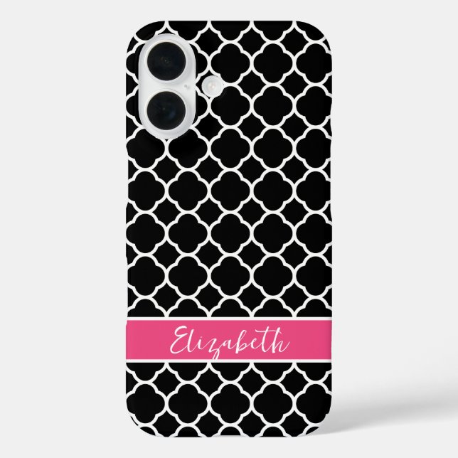 Coques Case-Mate iPhone Monogramme de Quatrefoil moderne noir et rose (Verso)