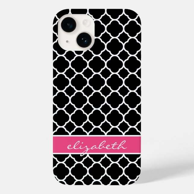Coques Case-Mate iPhone Monogramme de Quatrefoil moderne noir et rose (Verso)