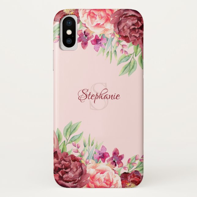 Coques Case-Mate iPhone Monogramme de Rose Floral Burgundy Peach Blush (Dos)