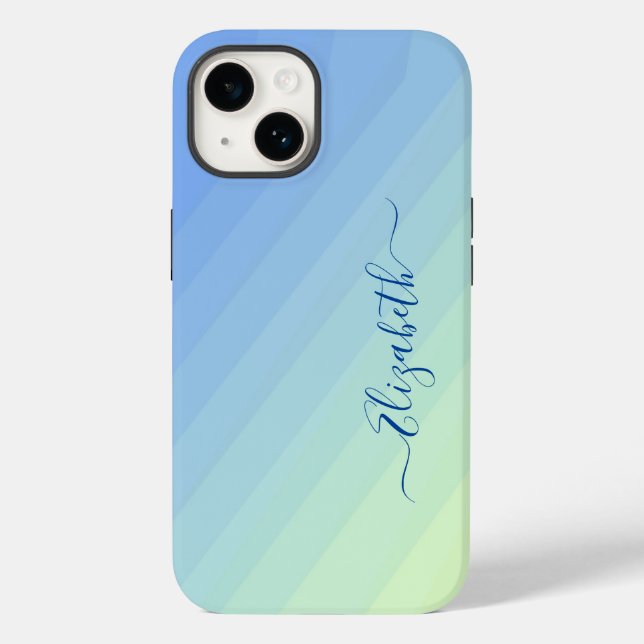 Coques Case-Mate iPhone Monogramme de script à dégradé jaune bleu (Verso)