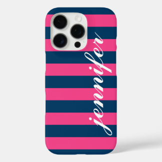 Coques iPhone 16 Pro Monogramme de script personnalisé Hot Pink et Navy
