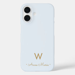 Coques iPhone 16 Monogramme de style moderne or bleu poussiéreux cl