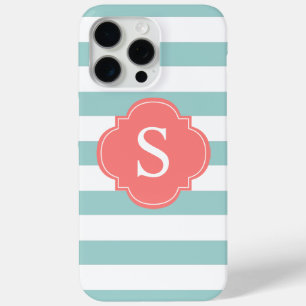 Coque iPhone 15 Pro Max Monogramme des rayures de menthe et de corail