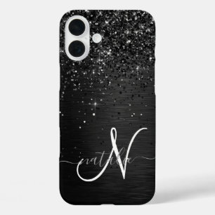 Coques iPhone 16 Plus Monogramme d'étincelle à Parties scintillant noire