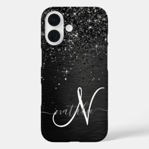 Coques iPhone 16 Monogramme d'étincelle à Parties scintillant noire