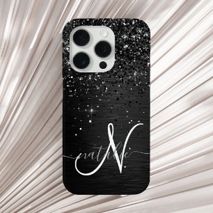 Coque iPhone 15 Pro Monogramme d'étincelle à Parties scintillant noire