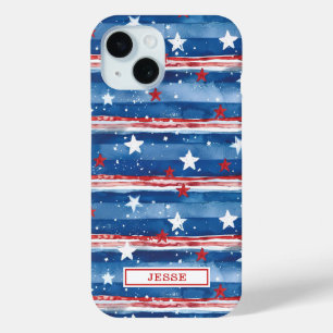 Coque Pour iPhone 15 Monogrammé d'étoiles et de bandes patriotiques