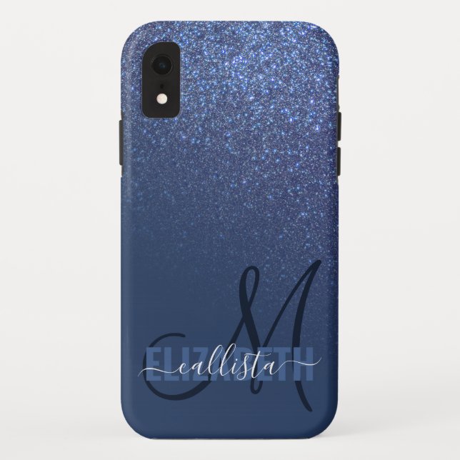 Coques Case-Mate iPhone Monogramme diagonal de Parties scintillant bleue d (Dos)