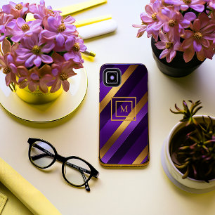 Coque iPhone 15 Mini Monogramme diagonale violet et or