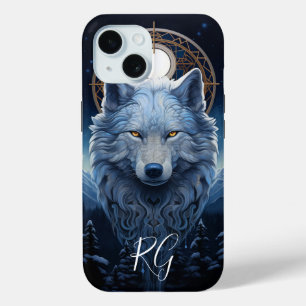 Coque Pour iPhone 15 Monogramme d'Imaginaire Visionnaire de loup mystiq