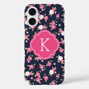Coques iPhone 16 Monogramme d'impression Vintage marine et rose chi