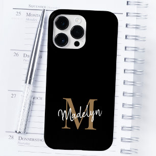 Coque Pour Pour iPhone 14 Pro Max Monogramme d'or noir moderne Nom du script féminin