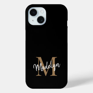 Coque Pour iPhone 15 Monogramme d'or noir moderne Nom du script féminin