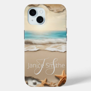 Coque Pour iPhone 15 Monogramme du coucher de soleil sur la plage