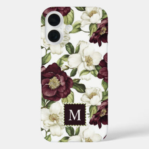 Coques iPhone 16 Monogramme du modèle floral de Bourgogne
