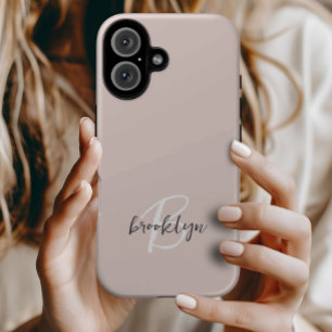 Coques iPhone 16 Monogramme écriture rose poudré gris tendance
