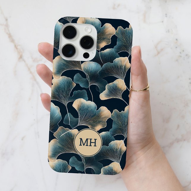 Coques Case-Mate iPhone Monogramme Elégant Bleu Ginkgo Motif Floral (Monogrammed Elegant Blue Ginkgo Floral Pattern Case-Mate iPhone Case)
