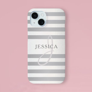 Coque Pour iPhone 15 Monogramme Élégant Faux Dégradé Gris Rayures Argen