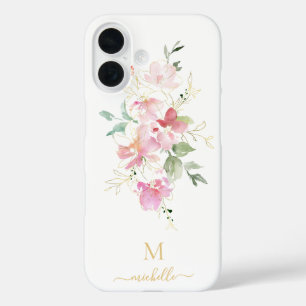Coques iPhone 16 Monogramme élégant floral rose écriture dorée