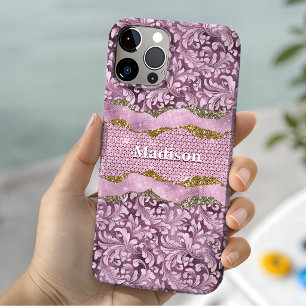 Coque Pour iPhone 15 Monogramme élégant floral scintillant rose violet