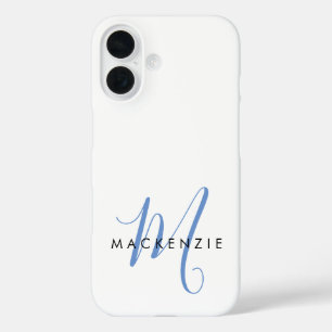 Coques iPhone 16 Monogramme élégant moderne blanc bleu script