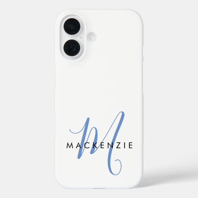 Coques Case-Mate iPhone Monogramme élégant moderne blanc bleu script (Verso)