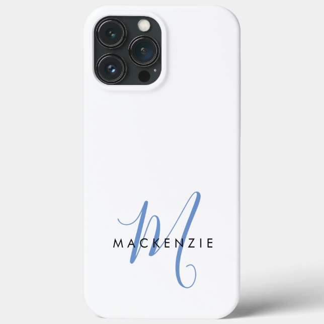Coques Case-Mate iPhone Monogramme élégant moderne blanc bleu script (Verso)