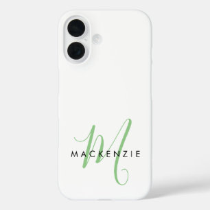 Coques iPhone 16 Monogramme élégant moderne blanc vert écriture