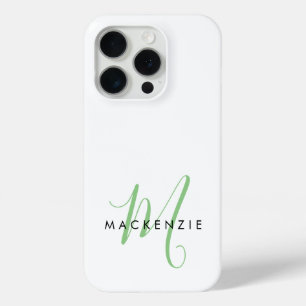 Coque iPhone 15 Pro Monogramme élégant moderne blanc vert écriture