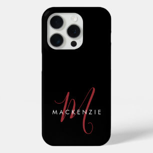 Coque iPhone 15 Pro Monogramme élégant moderne noir rouge script