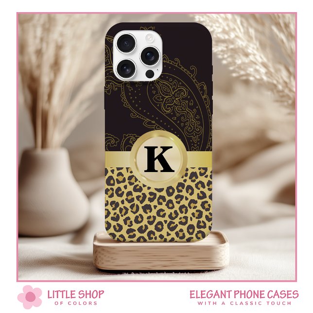 Coques Case-Mate iPhone Monogramme élégant noir à impression léopard doré (Créateur téléchargé)