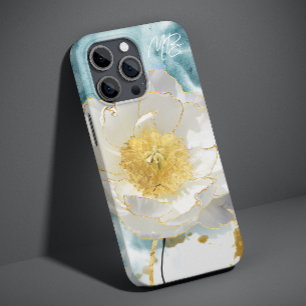Coque Pour iPhone 14 Monogramme Élégant Simple Fleur Blanche Aquarelle