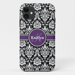 Coque Case-Mate Pour iPhone Monogramme élégant violet noir blanc Damas