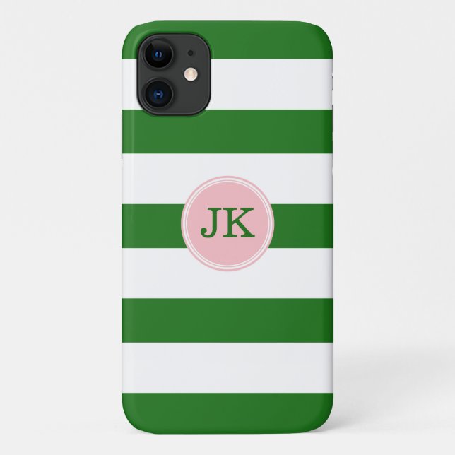 Coques Case-Mate iPhone Monogramme en bande verte et rose (Dos)