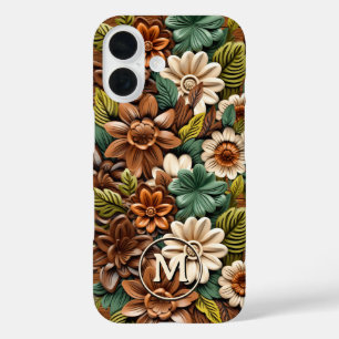 Coques iPhone 16 Monogramme en bois floral personnalisé