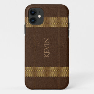Coque iPhone 11 Monogramme en cuir Brown et rayures en or