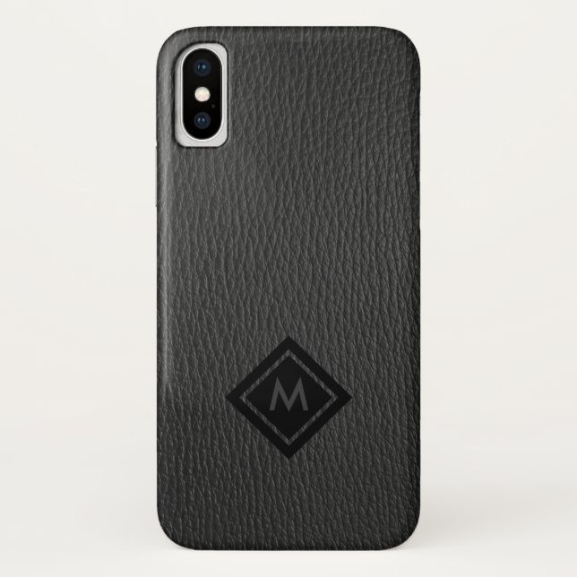 Coques Case-Mate iPhone Monogramme en cuir gris foncé Faux (Dos)