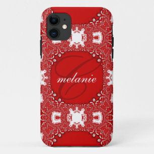 Coques Pour iPhone Monogramme en dentelle rouge chaud et blanc person